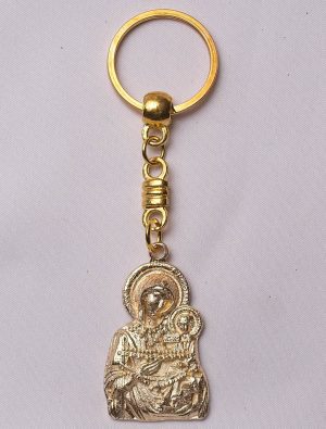 Metallic key chain with the Portaitissa Mother of God, gold color